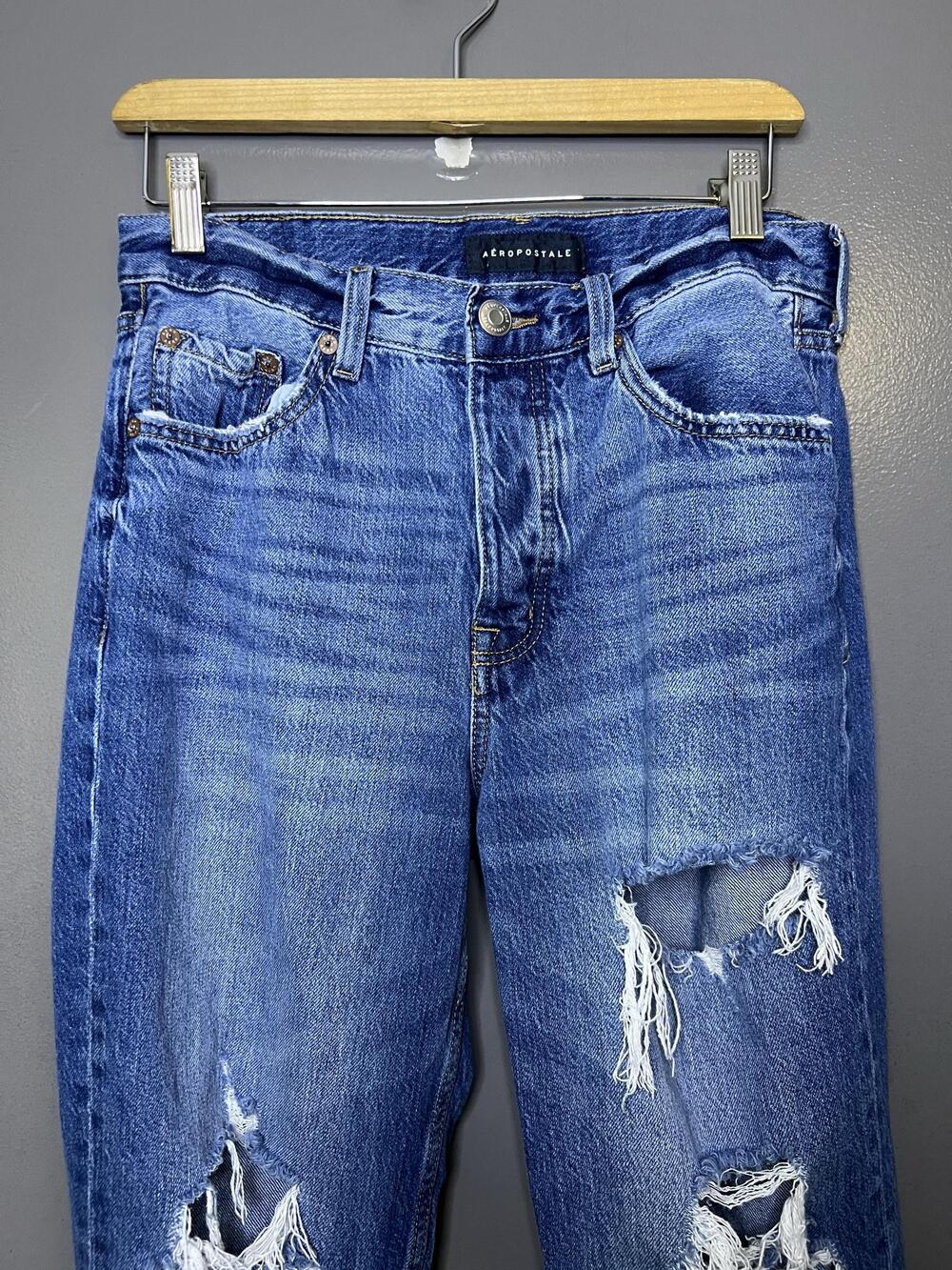 Aeropostale 90s Baggy Straight Jeans Womens 8 Medium Wash Blue Distressed Denim